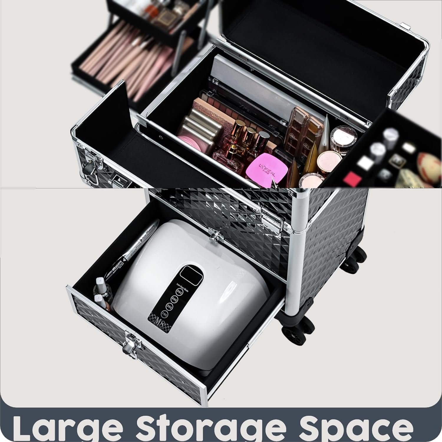 Rolling Makeup Case Cosmetic Travel Trolley Storage Sliding Drawer 4 Tray Makeup Case with Wheels Salon Barber Traveling Case