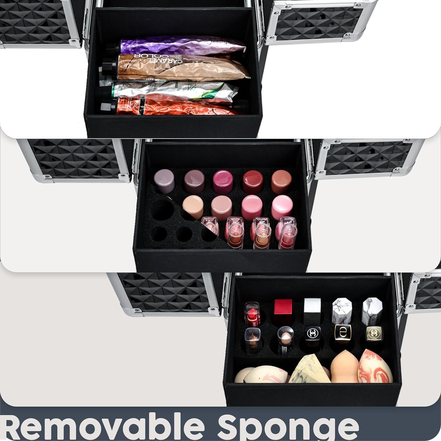 Rolling Makeup Case Cosmetic Travel Trolley Storage Sliding Drawer 4 Tray Makeup Case with Wheels Salon Barber Traveling Case