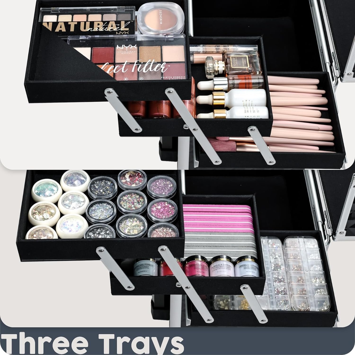 Rolling Makeup Case Cosmetic Travel Trolley Storage Sliding Drawer 4 Tray Makeup Case with Wheels Salon Barber Traveling Case
