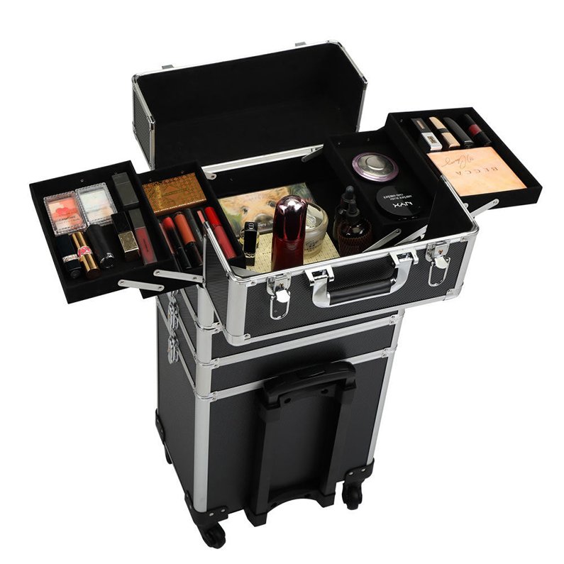 Professional 4 In 1 Trolley Makeup Case With Tray Black Cosmetic Case For Hairdresser Multifunctional Rolling Makeup Hard Case