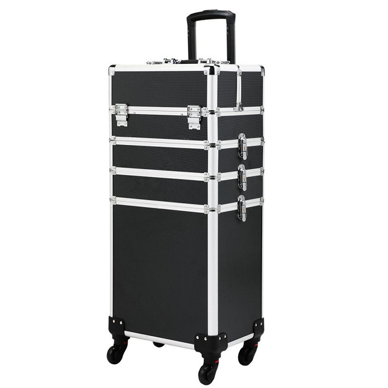 Professional 4 In 1 Trolley Makeup Case With Tray Black Cosmetic Case For Hairdresser Multifunctional Rolling Makeup Hard Case