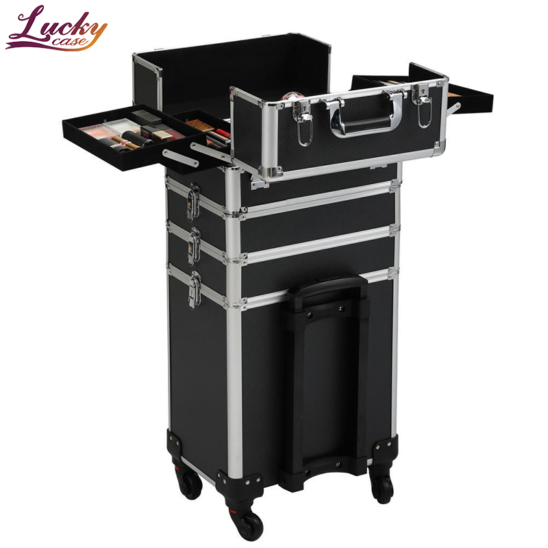 Professional 4 In 1 Trolley Makeup Case With Tray Black Cosmetic Case For Hairdresser Multifunctional Rolling Makeup Hard Case