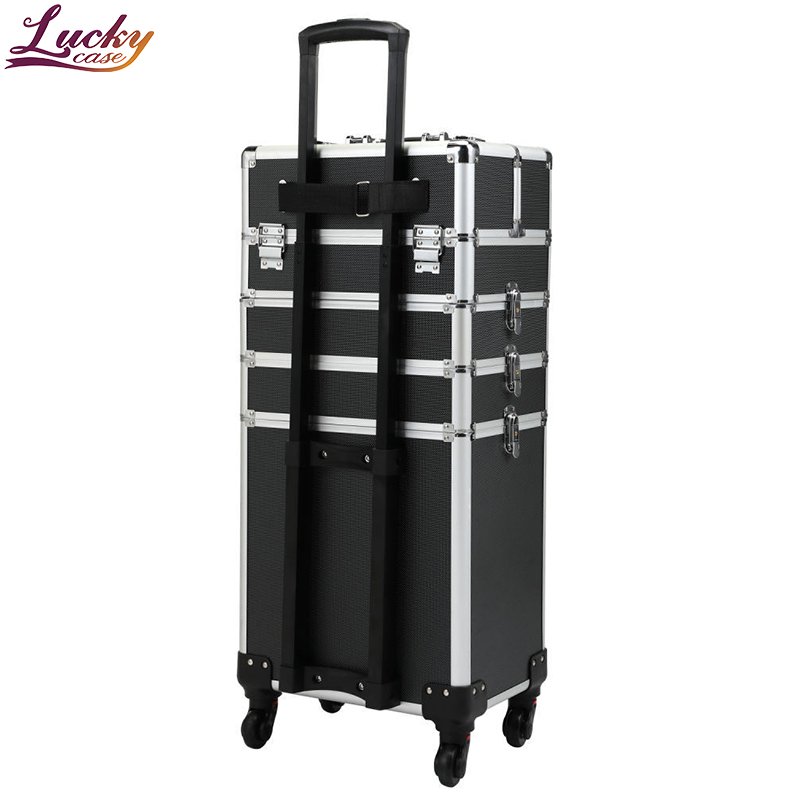 Professional 4 In 1 Trolley Makeup Case With Tray Black Cosmetic Case For Hairdresser Multifunctional Rolling Makeup Hard Case