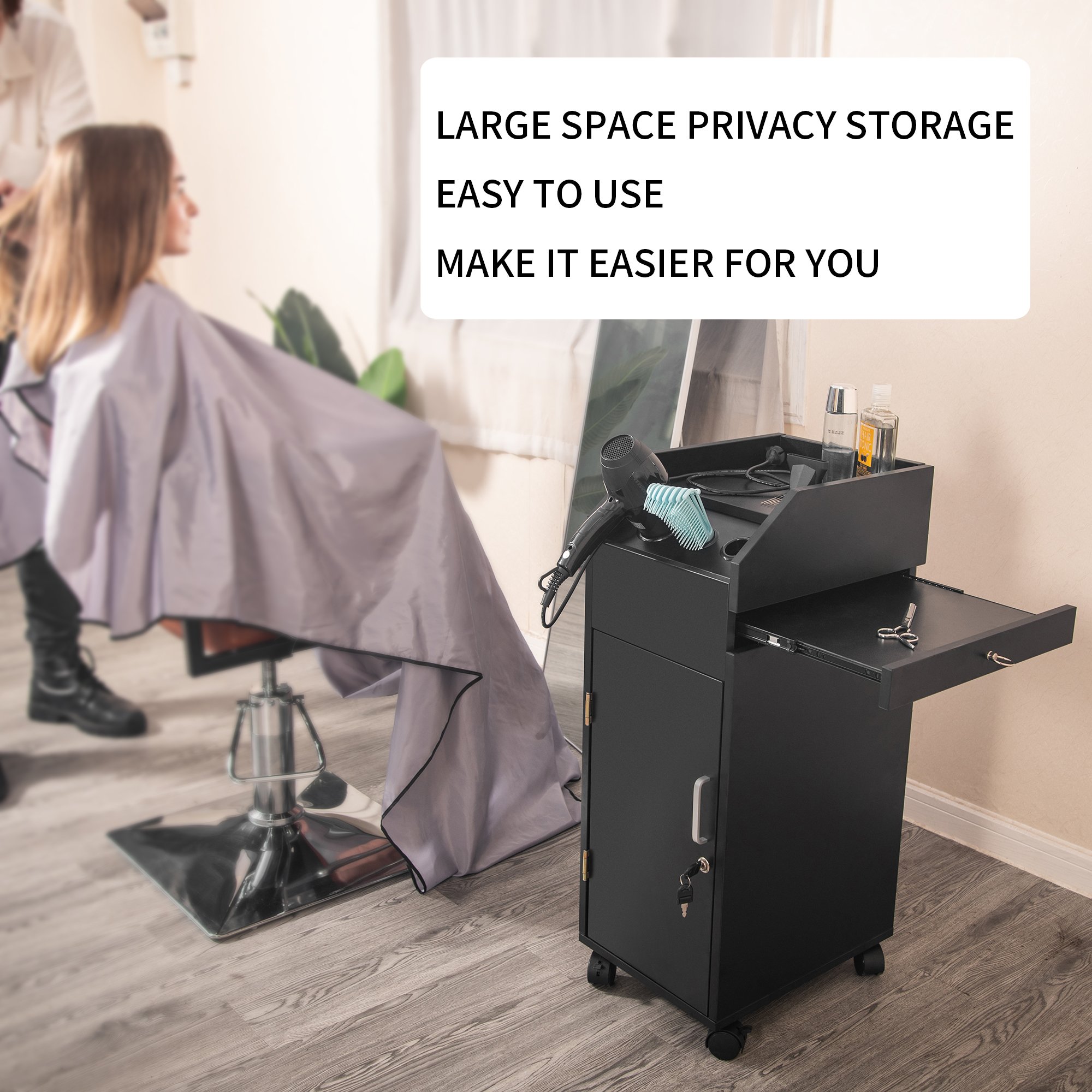 Wholesale Cheap Furniture Lockable Black Barber Trolley with Wheels Beauty Hair Salon Trolley Cart