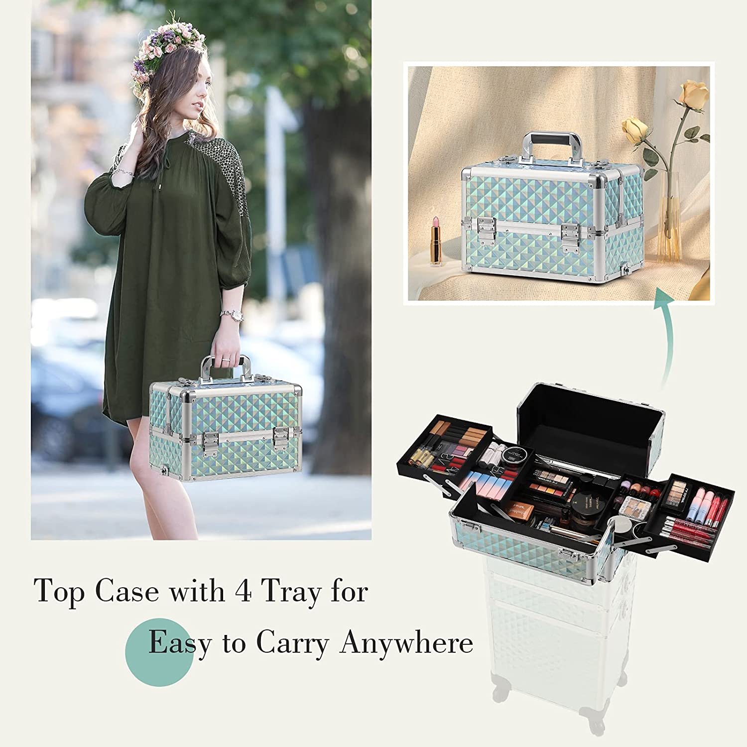 Rolling Makeup Train Case Large Storage Cosmetic Trolley 4 in 1 Large Capacity Trolley Makeup Travel Case Salon Barber Case