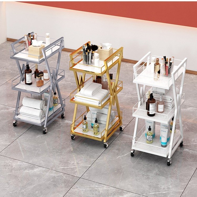 Luxury Golden Beauty Salon Trolley Cart with Wheels Web Celebrity Storage Rack Tool Car Hair Embroidery Auxiliary Cart