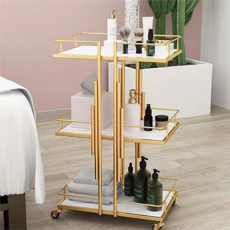 Salon Furniture Hair Salon Trolley Cart Metal 3 Tiers Pedicure Spa Nail Shop Trolley Gold Beauty Trolley For Barber Shop