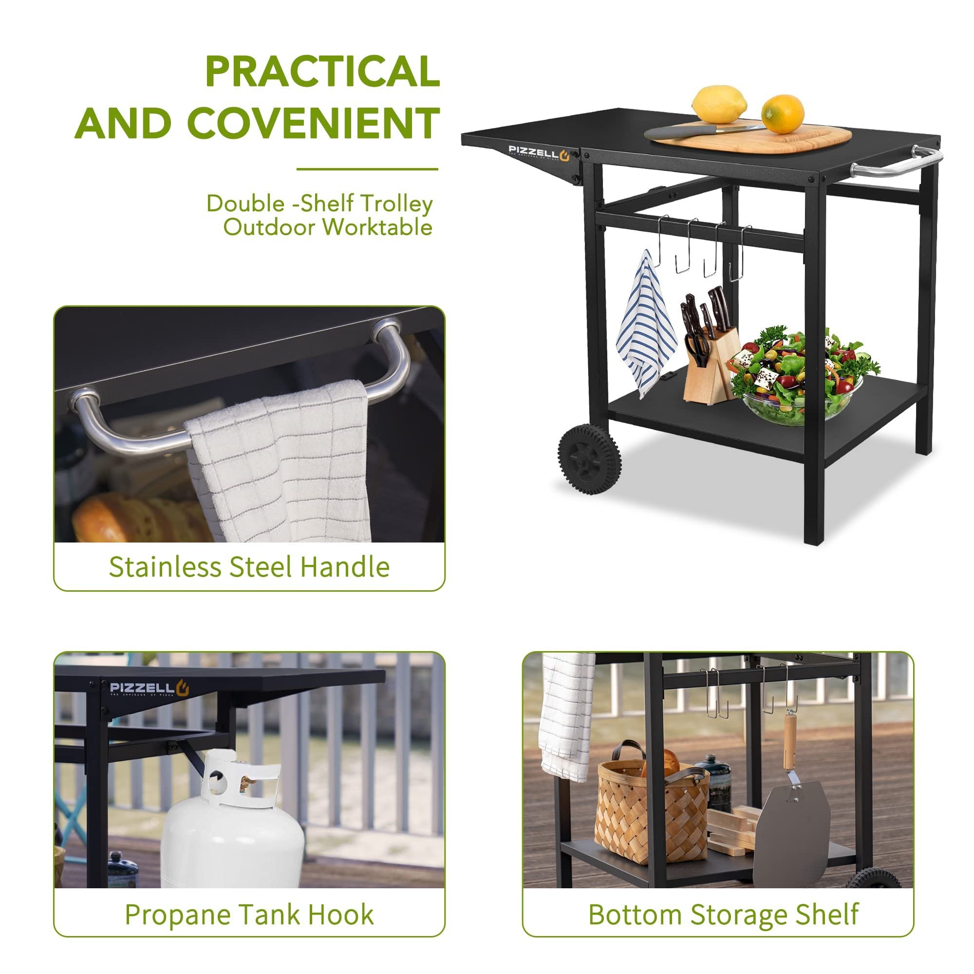 Outdoor Grill Cart Movable BBQ Grill Table Stand Stainless Kitchen Food Prep Trolley Worktable Commercial Portable Dining Cart