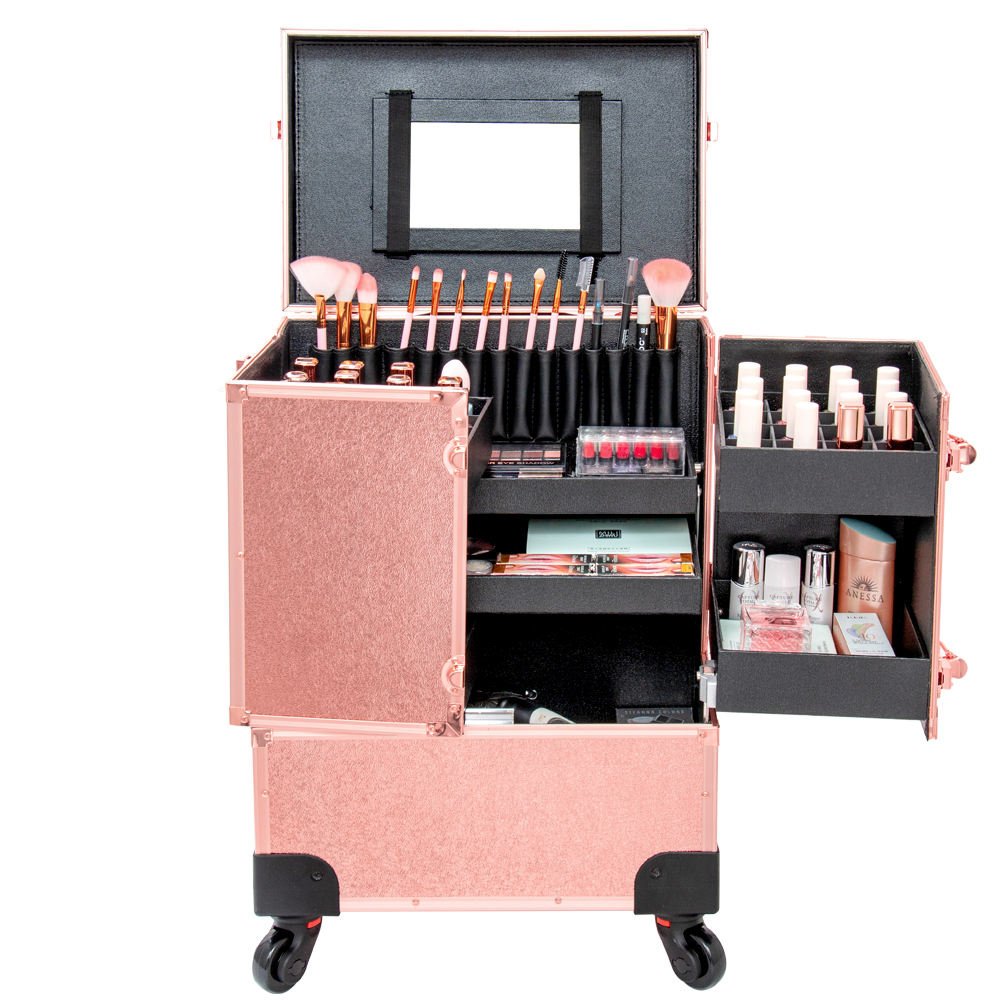 Hot selling multi-layered manicure trolley case rose gold large capacity makeup manicure travel storage trolley case