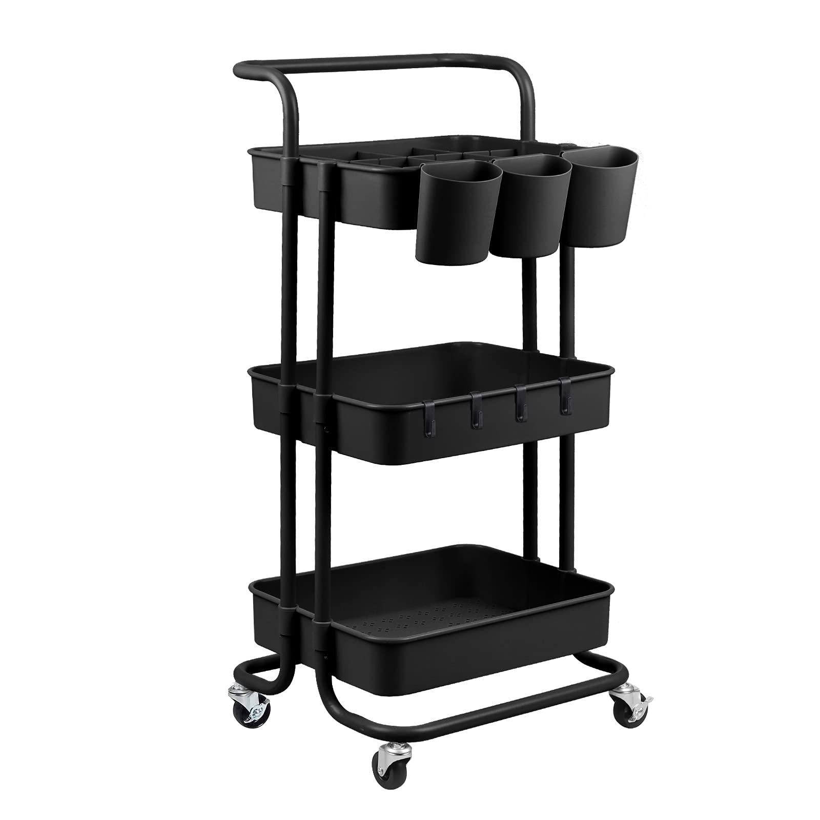 3-Tier Rolling Utility Cart Storage Shelves Multifunction Storage Trolley Service Cart with Mesh Basket Handles plastic kitchen