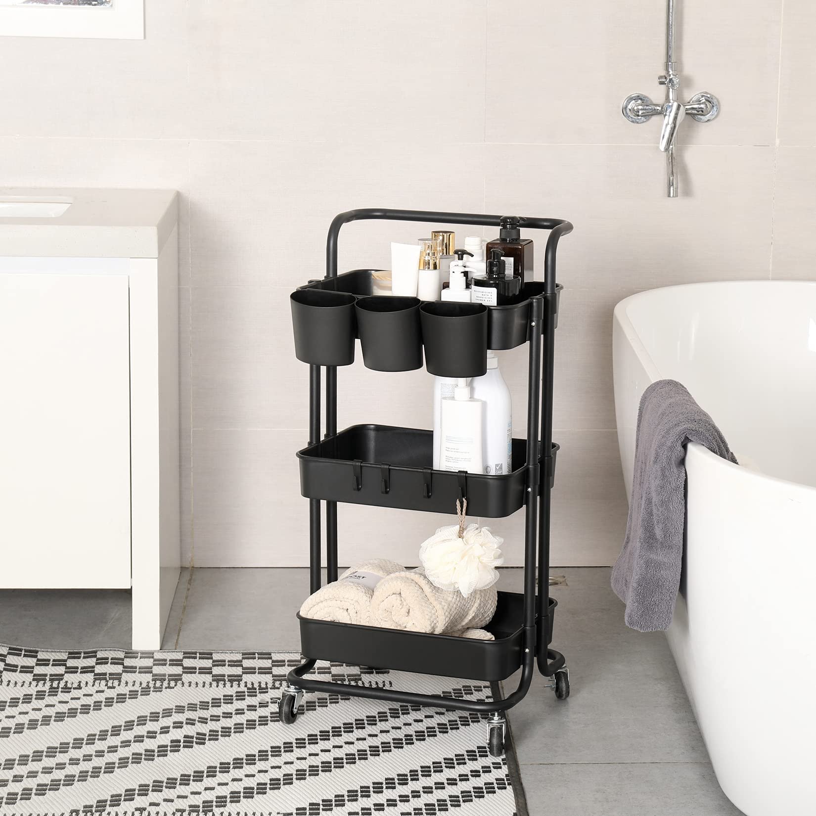 3-Tier Rolling Utility Cart Storage Shelves Multifunction Storage Trolley Service Cart with Mesh Basket Handles plastic kitchen