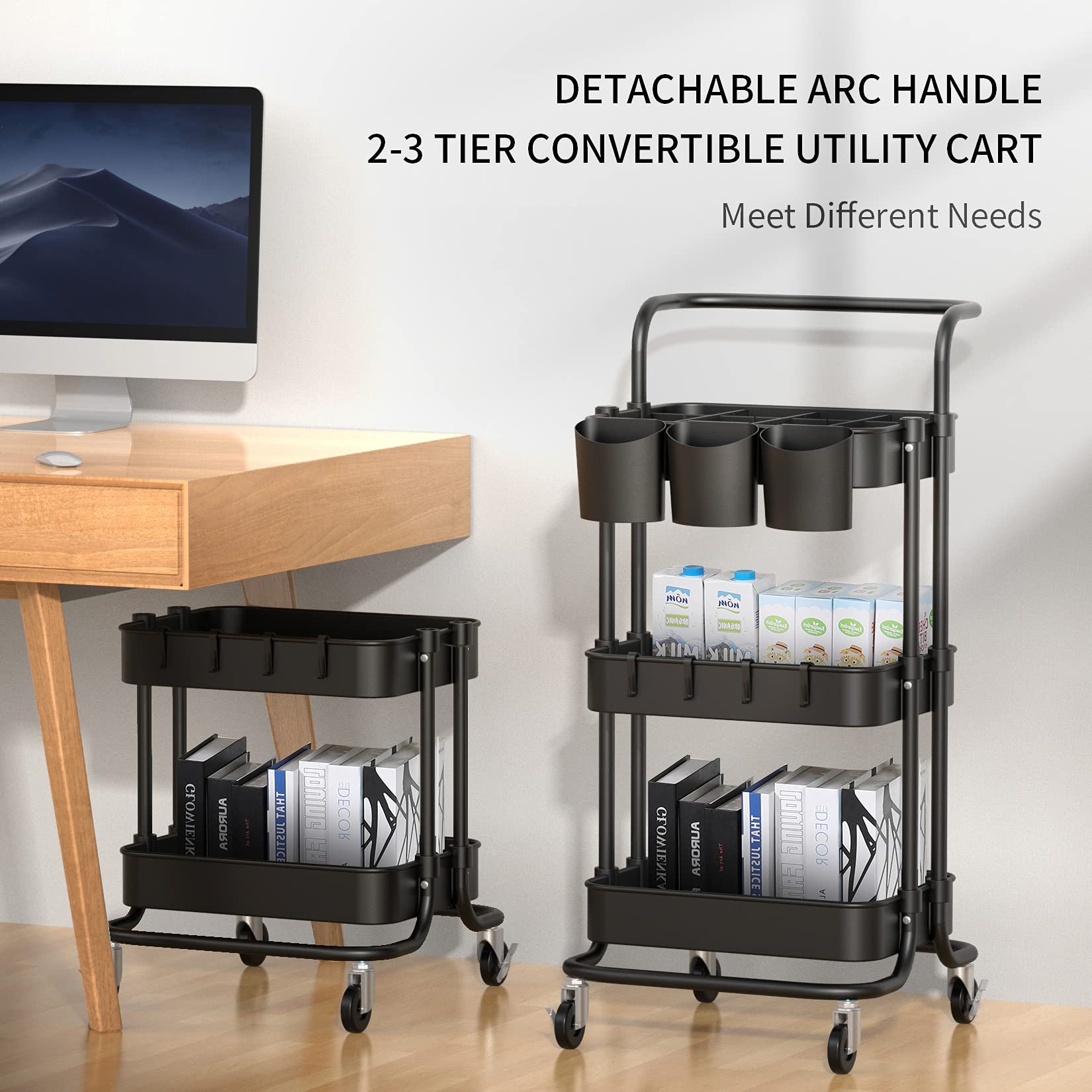 3-Tier Rolling Utility Cart Storage Shelves Multifunction Storage Trolley Service Cart with Mesh Basket Handles plastic kitchen