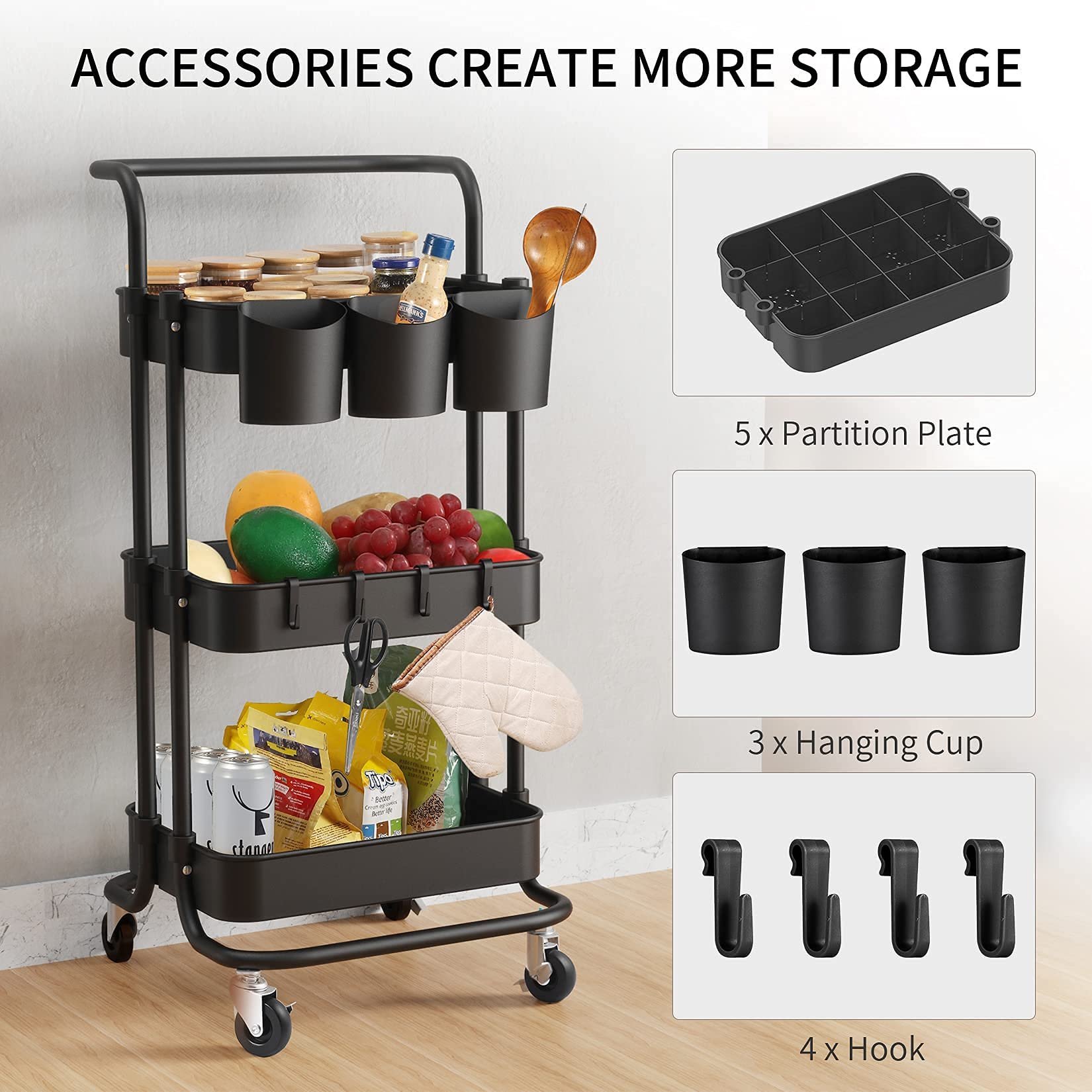 3-Tier Rolling Utility Cart Storage Shelves Multifunction Storage Trolley Service Cart with Mesh Basket Handles plastic kitchen