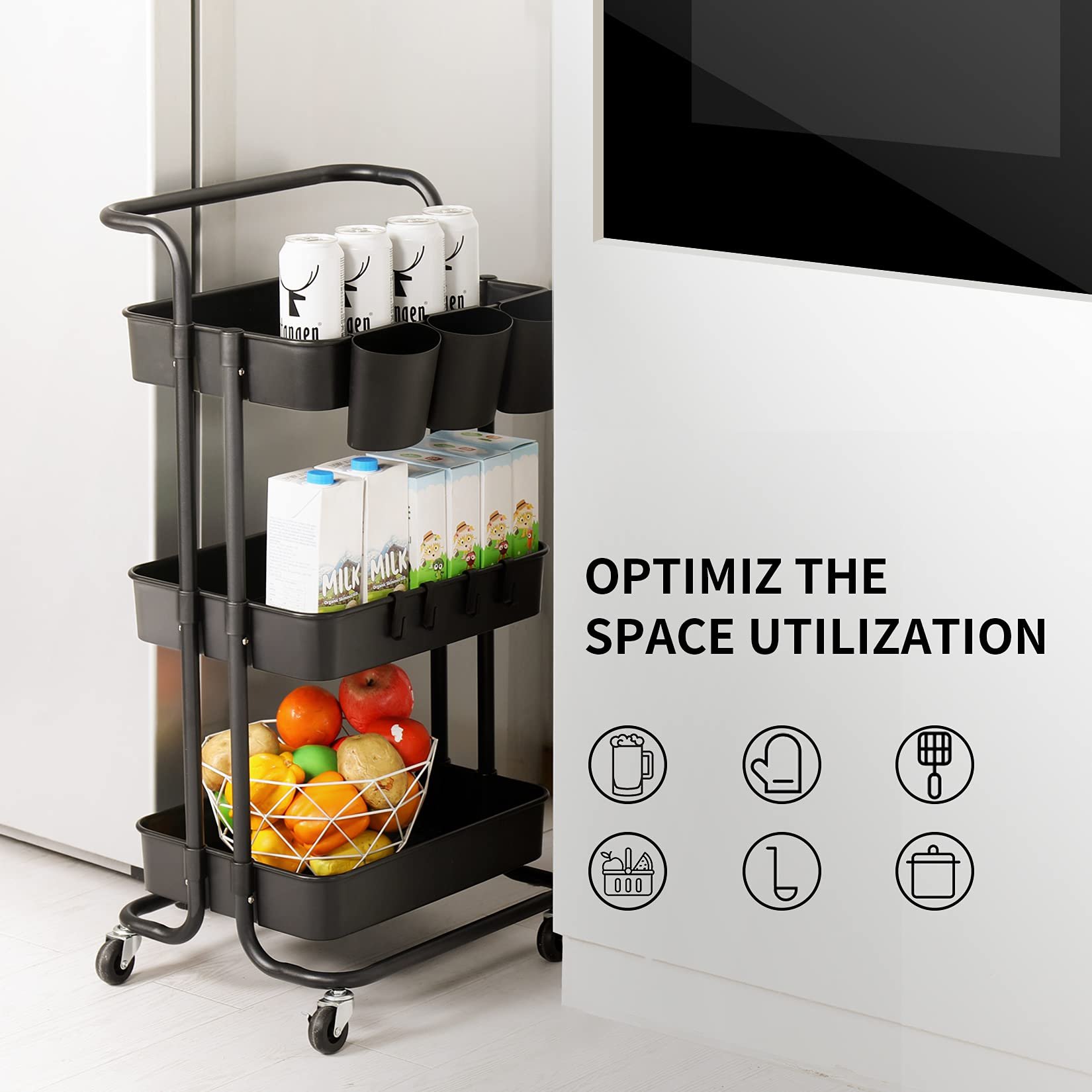 3-Tier Rolling Utility Cart Storage Shelves Multifunction Storage Trolley Service Cart with Mesh Basket Handles plastic kitchen