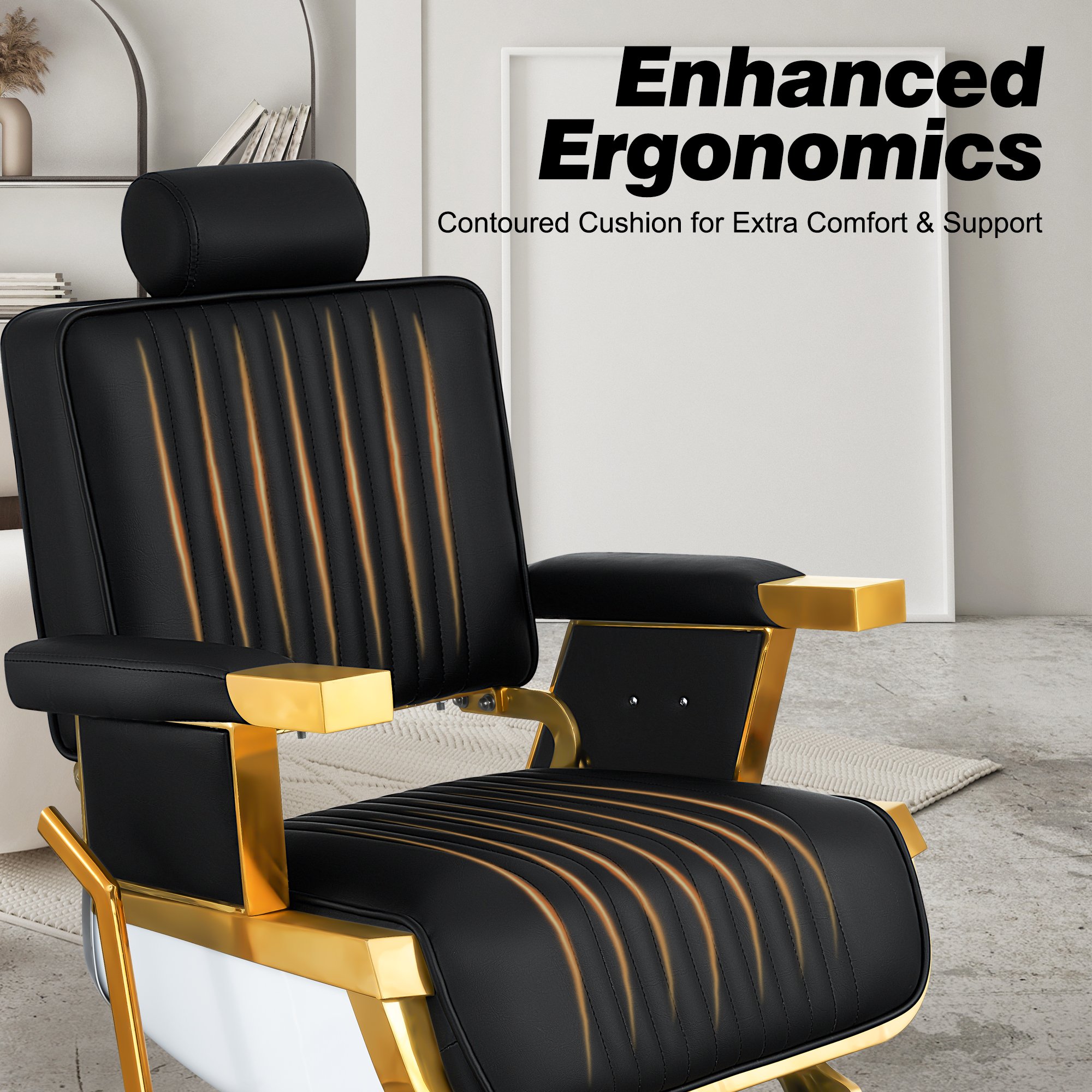 High Quality Custom Comfortable Seating Adjustable Backrest Salon Chairs Professional Barber Chairs Black and Gold Hair Chair