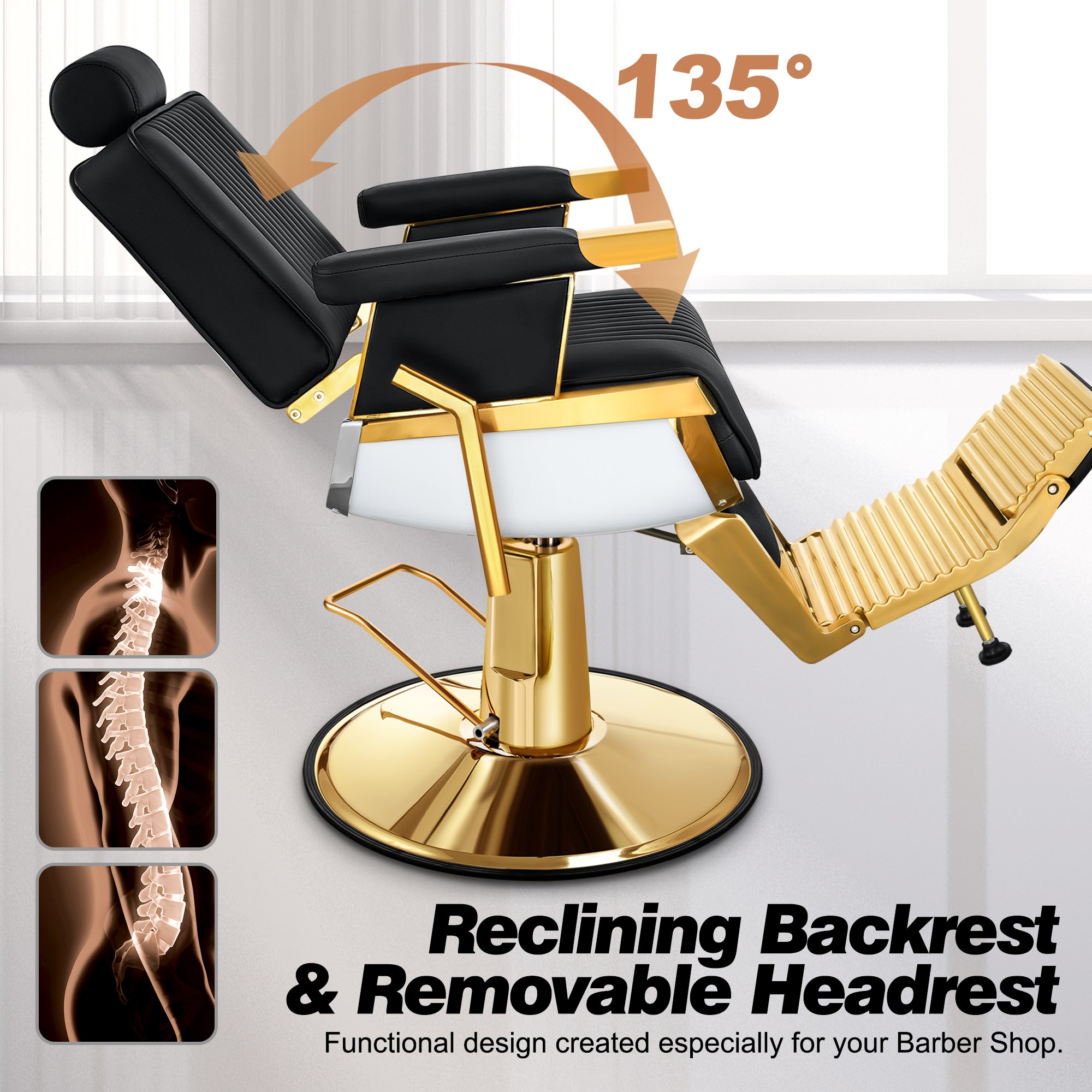 High Quality Custom Comfortable Seating Adjustable Backrest Salon Chairs Professional Barber Chairs Black and Gold Hair Chair