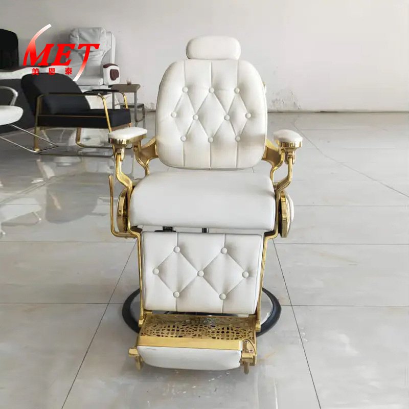 High Quality Luxury Leather Beauty Reclining Hair Salon Styling White Gold Barber Shop Chair For Sale