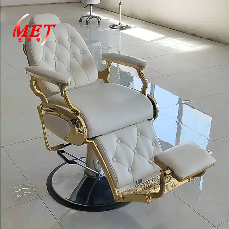High Quality Luxury Leather Beauty Reclining Hair Salon Styling White Gold Barber Shop Chair For Sale