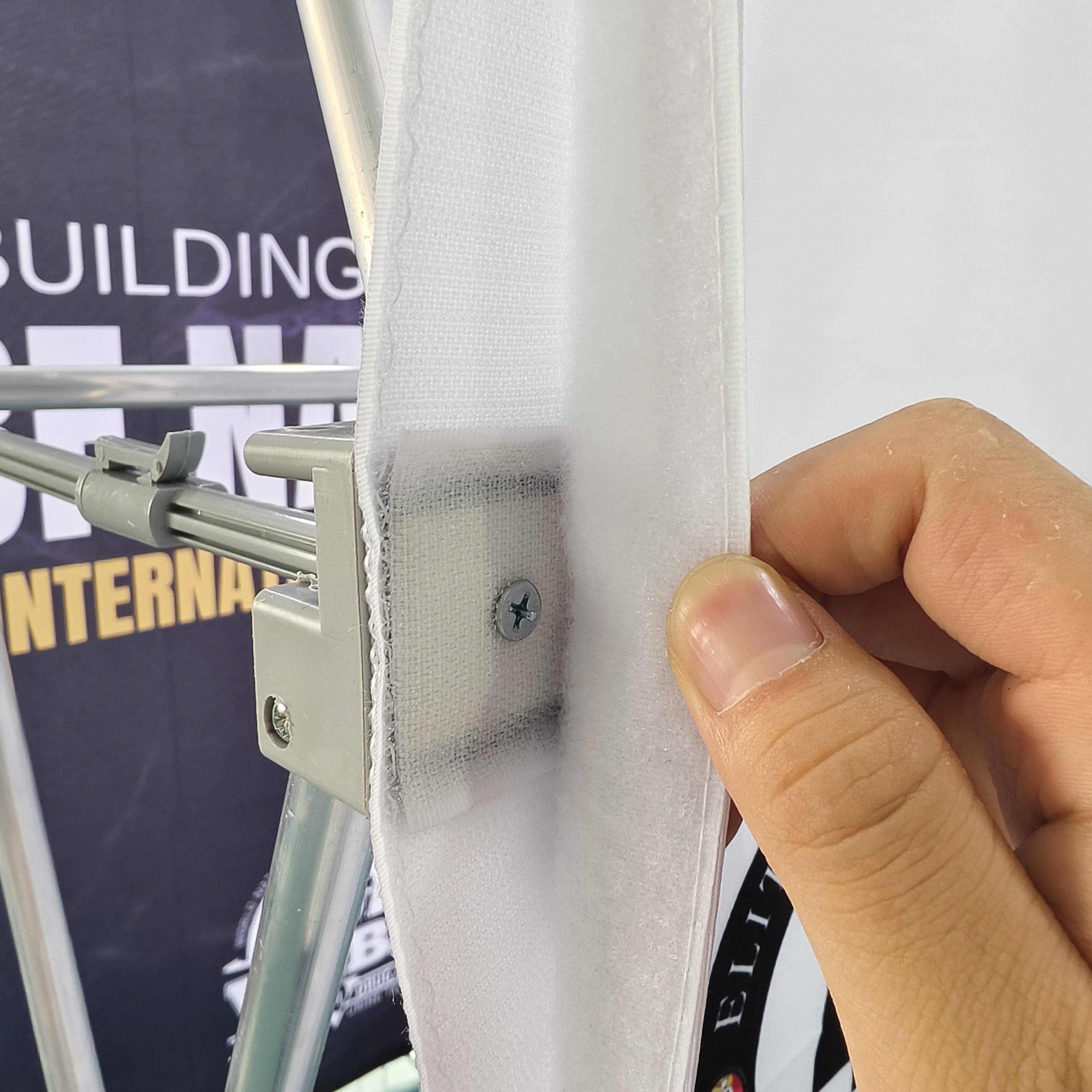 Custom Sport Events Activities Antirust 260g Tension Fabric Thermal Transfer Printing Pop Banner With Aluminium Alloy Frame