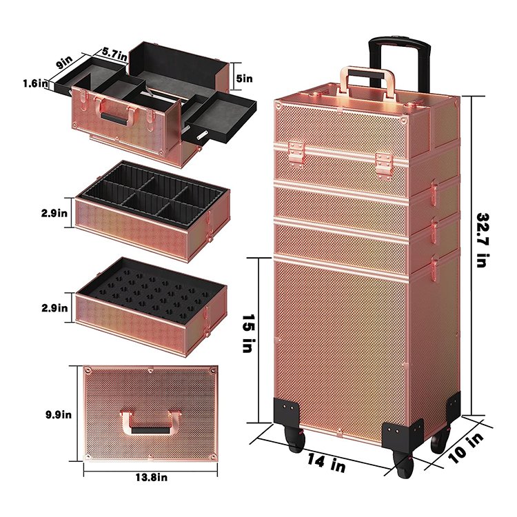 Professional Luxury Salon Hairdresser Tool Case With Wheels Rose Gold Aluminum Trolley Rolling Makeup Case
