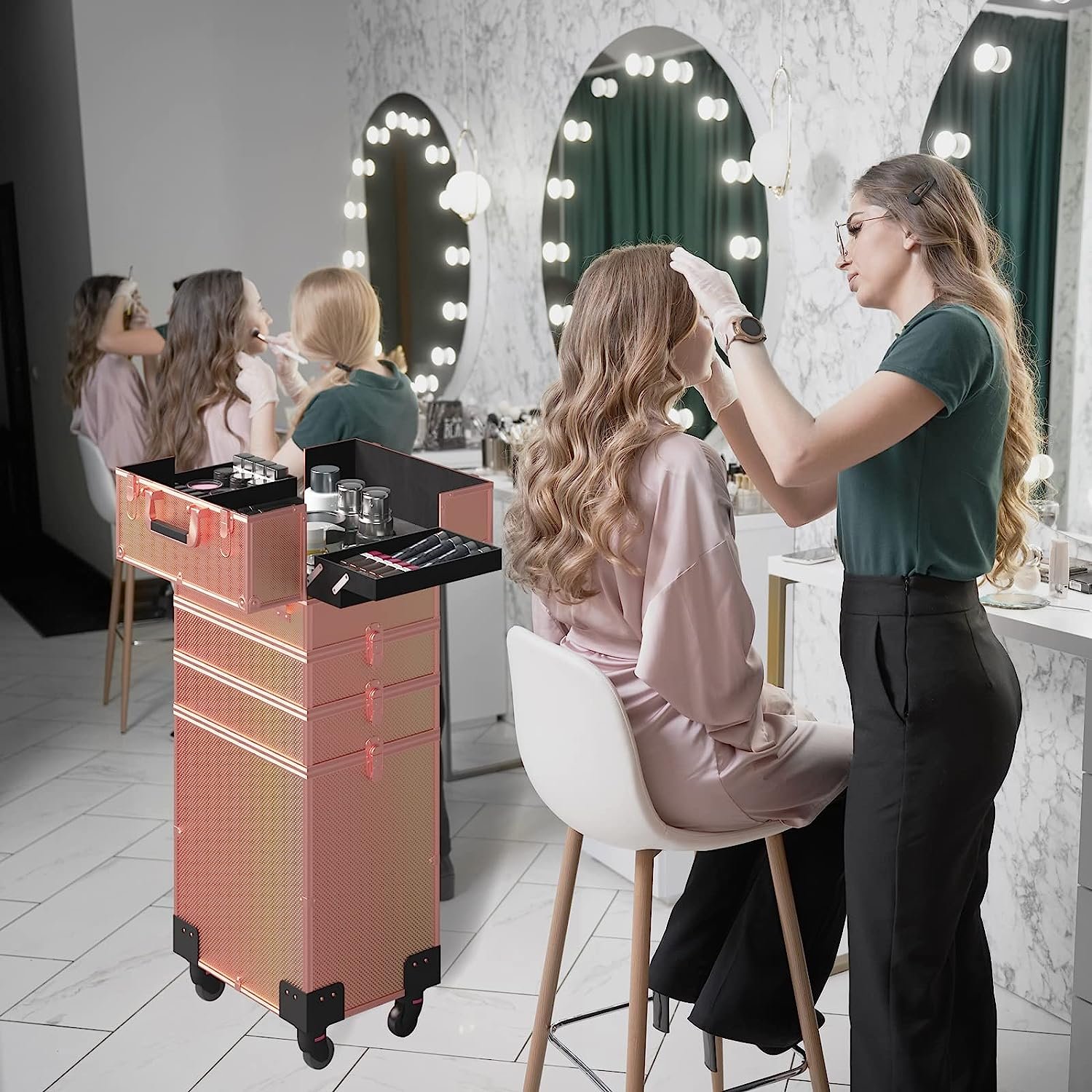Professional Luxury Salon Hairdresser Tool Case With Wheels Rose Gold Aluminum Trolley Rolling Makeup Case