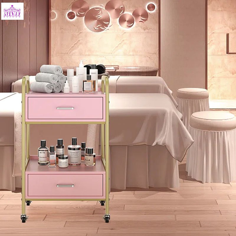 lovely pink and gold salon trolley removable beauty trolley makeup rolling cart for beauty salon