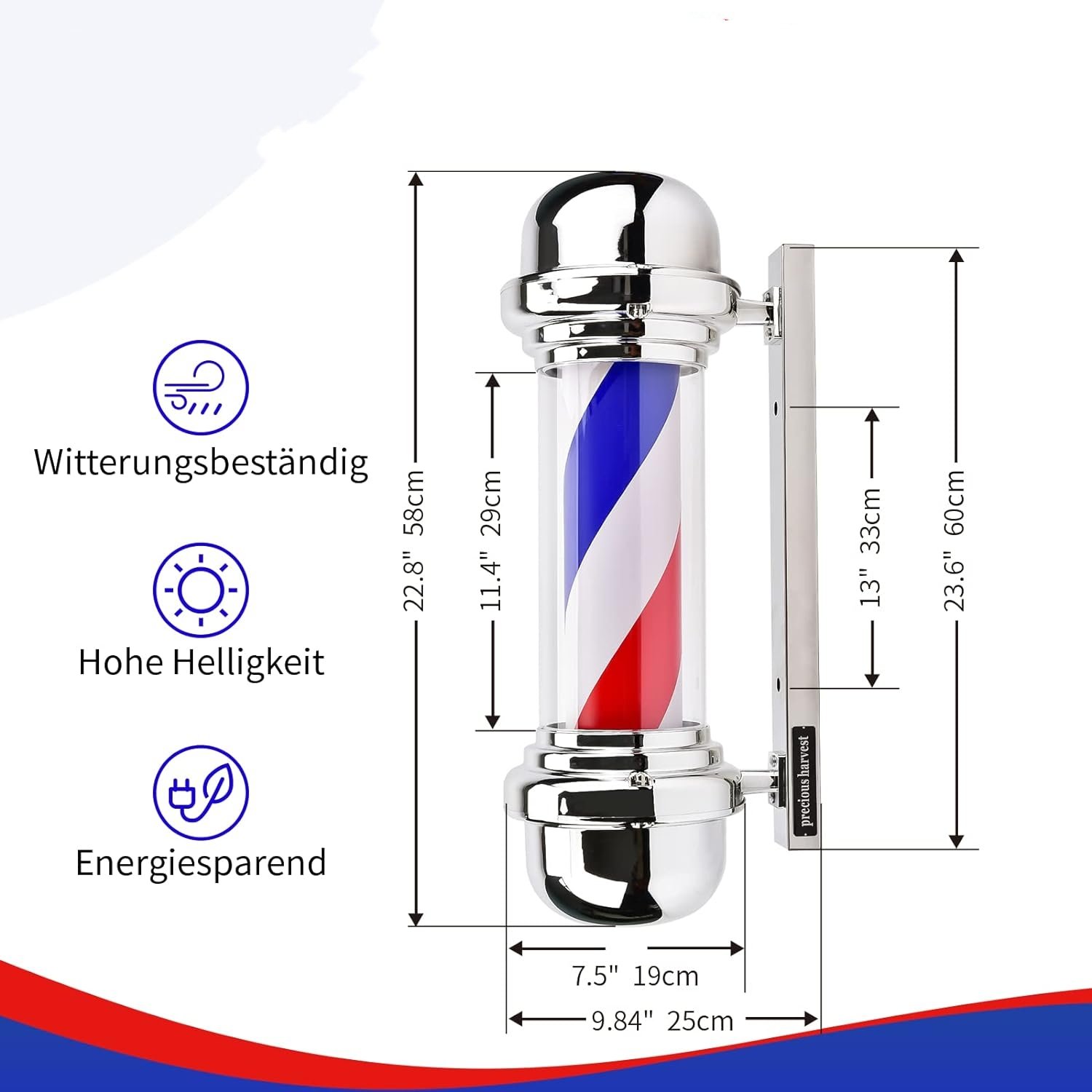 22.8 Inch Waterproof Wall Mount Rotating Modern Salon Barbershop Furniture Hair Salon Decorative Sign LED Barber Pole Light