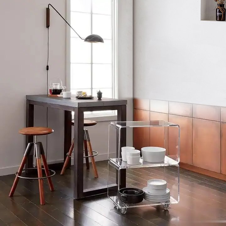Customized transparent acrylic trolley cart with rolling wheels, two shelves.
