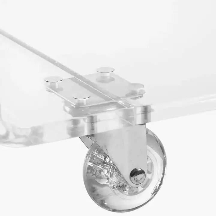 Customized transparent acrylic trolley cart with rolling wheels, two shelves.