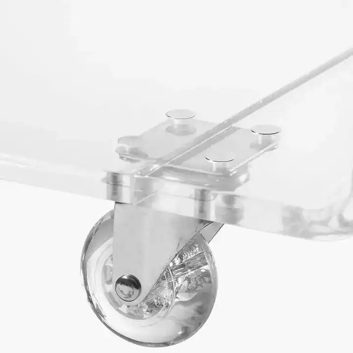 Customized transparent acrylic trolley cart with rolling wheels, two shelves.