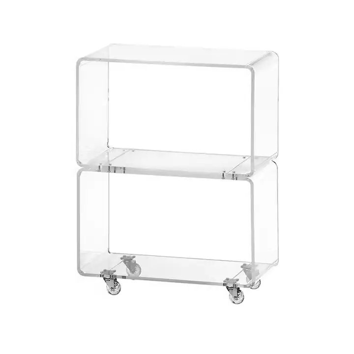 Customized transparent acrylic trolley cart with rolling wheels, two shelves.