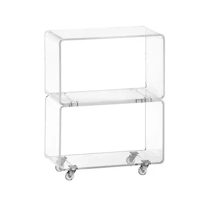 Customized transparent acrylic trolley cart with rolling wheels, two shelves.