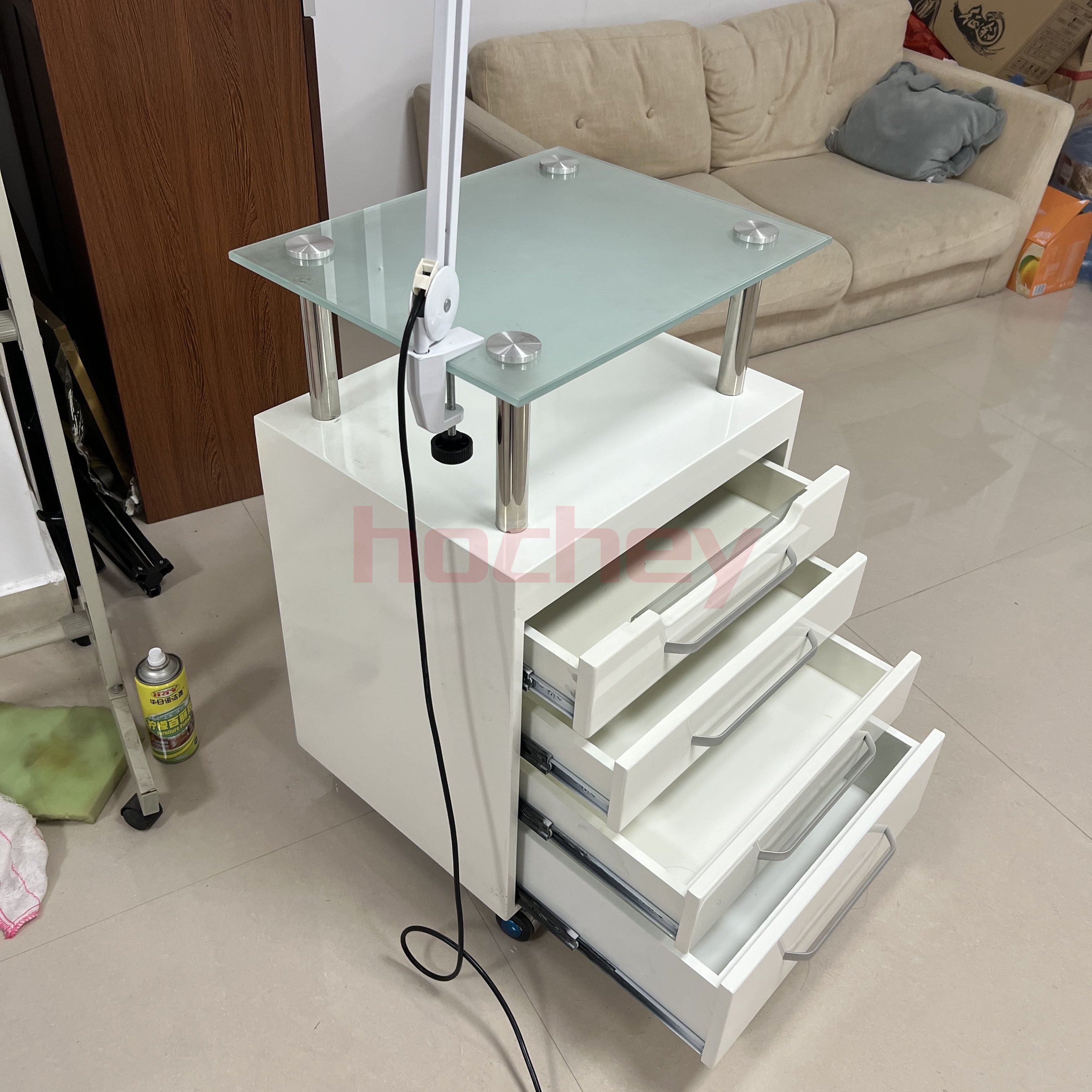 Hochey Wholesale Salon Shop Equipment Carts Manicure Chair Beauty Salon Trolley Cart With Folding Lamp