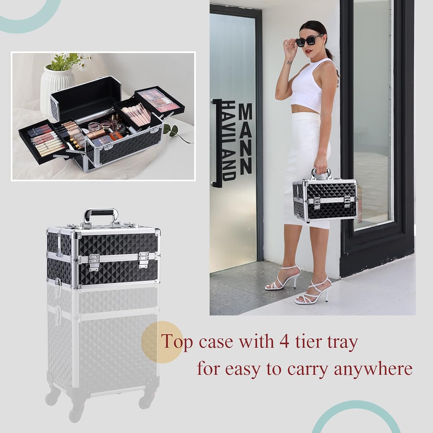 3 in 1 Rolling Makeup Train Case Professional Cosmetic Trolley Large Storage Swivel Wheels Salon Barber Case Traveling Cart