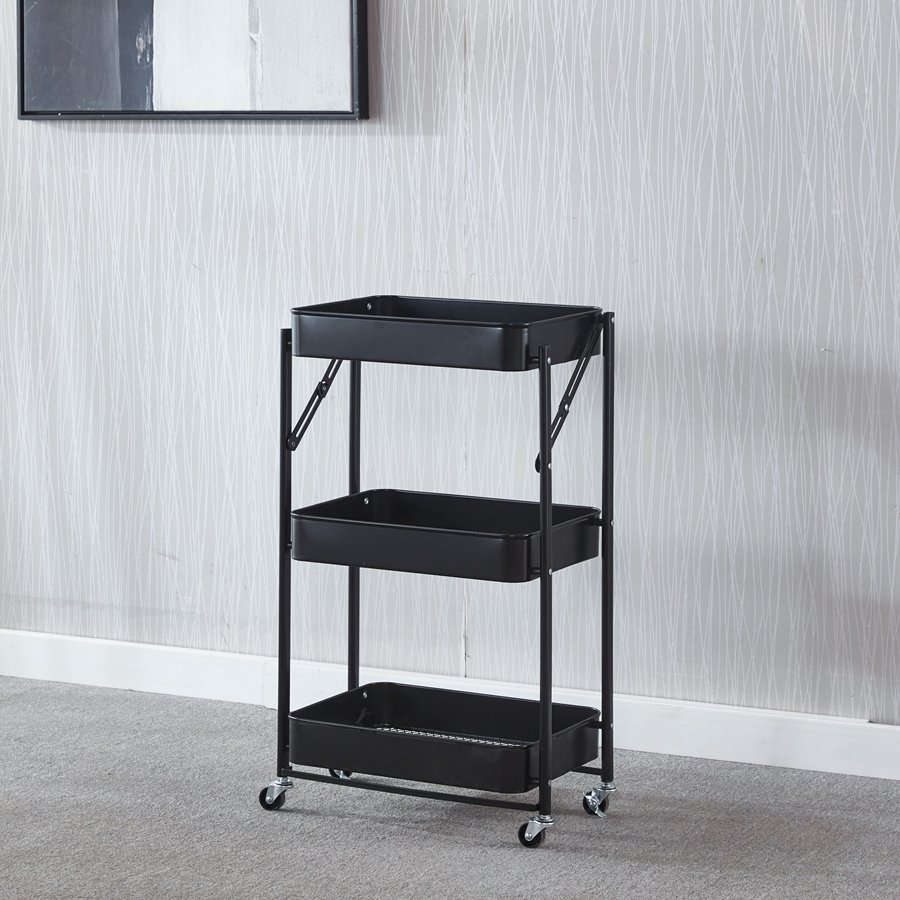 Three Layers Big Space Stainless Steel Beauty Salon Folding Trolley Cart foldable storage organizer metal shelf with wheel