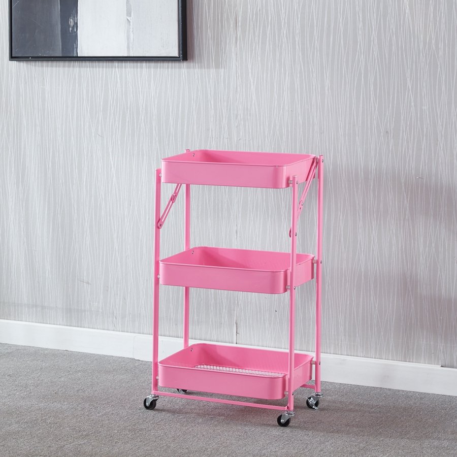 Three Layers Big Space Stainless Steel Beauty Salon Folding Trolley Cart foldable storage organizer metal shelf with wheel