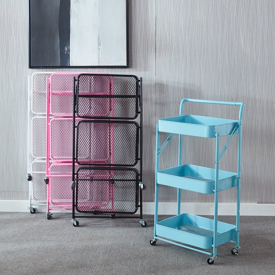 Three Layers Big Space Stainless Steel Beauty Salon Folding Trolley Cart foldable storage organizer metal shelf with wheel