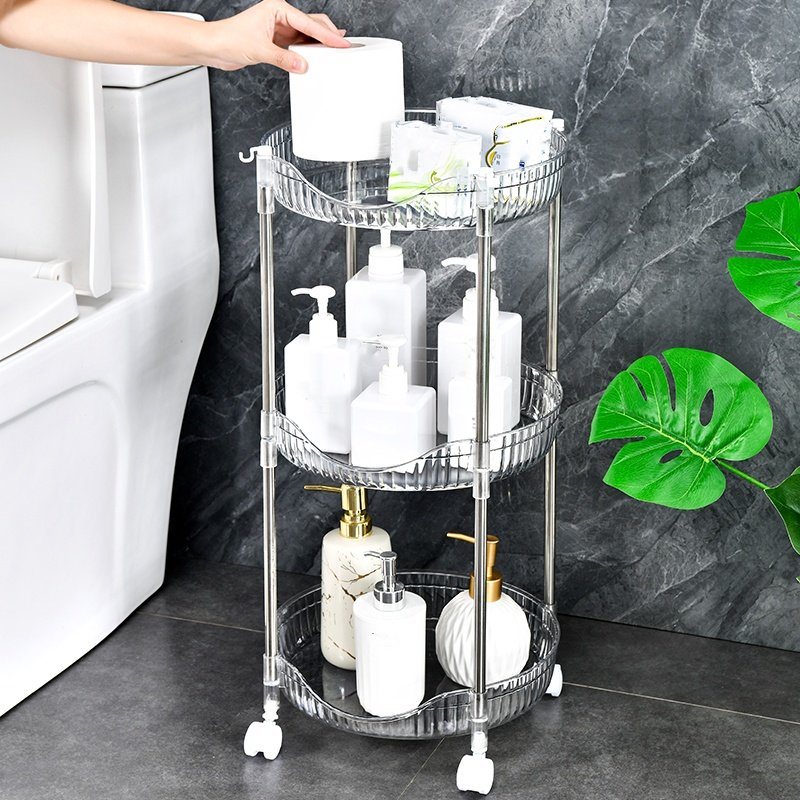 Hot Selling Transparent Round Modern Salon Kitchen and Bathroom Snack Food Fruit Storage Shelf with Wheels Rolling Storage Cart