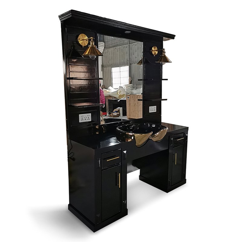 Storage Salon Mirror Wooden Barber Station Glass Beauty Salon Barber Shop Furniture Vintage with Hair Wash Sink Black