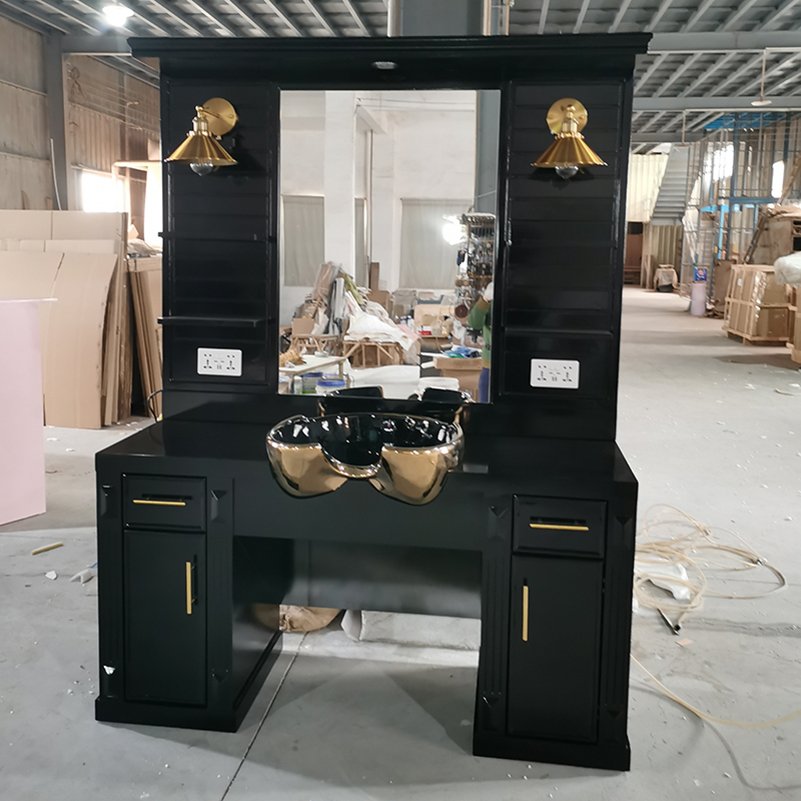 Storage Salon Mirror Wooden Barber Station Glass Beauty Salon Barber Shop Furniture Vintage with Hair Wash Sink Black