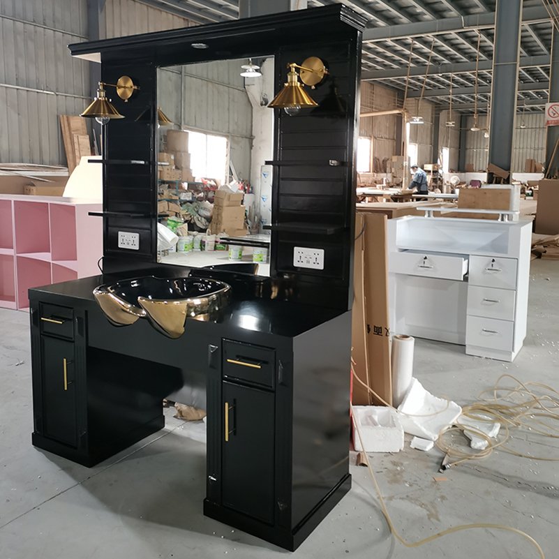 Storage Salon Mirror Wooden Barber Station Glass Beauty Salon Barber Shop Furniture Vintage with Hair Wash Sink Black
