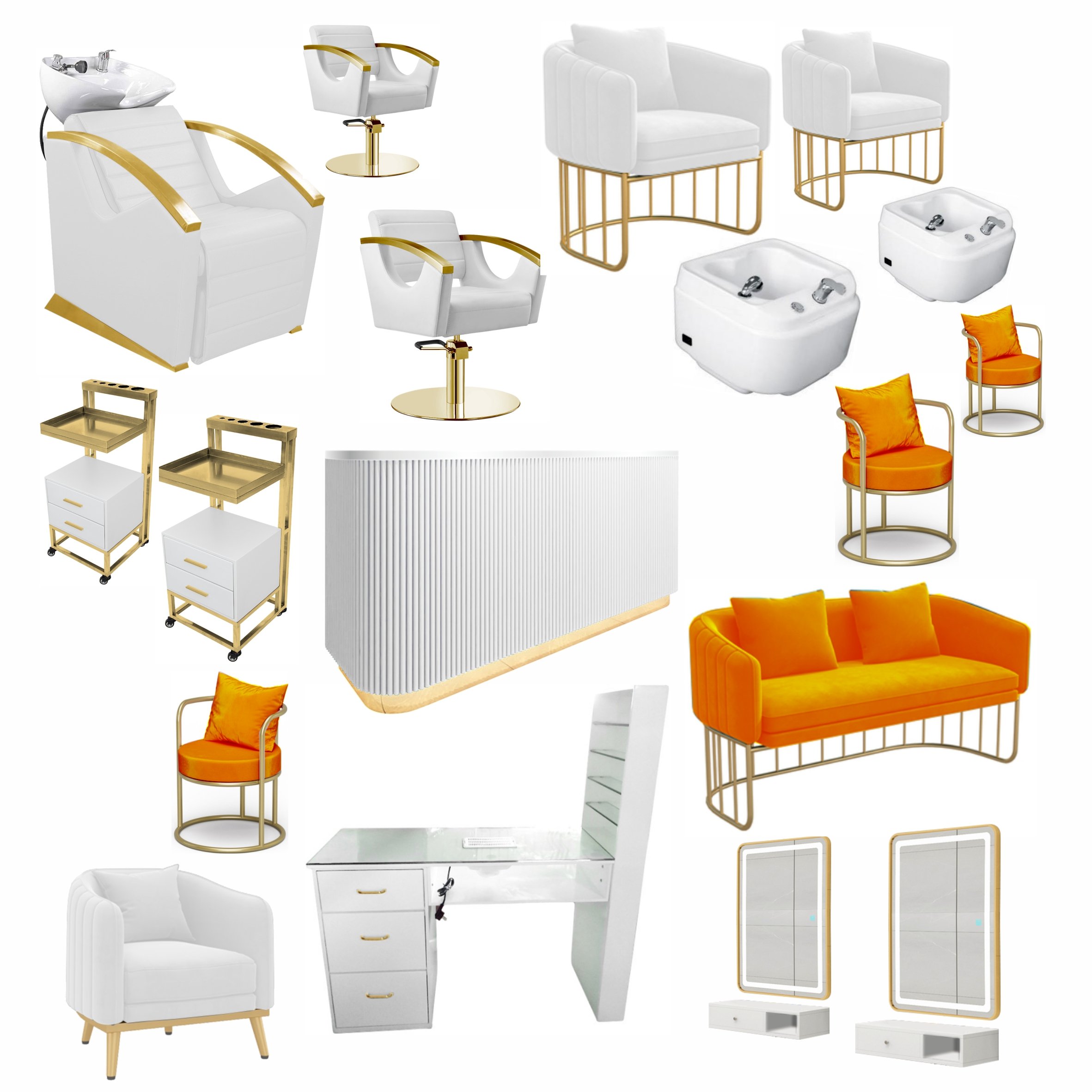 2021 New Arrivals Modern Gold White Orange Salon Package Hairdressing Furniture Set Barber Shop Beauty Salon Equipment