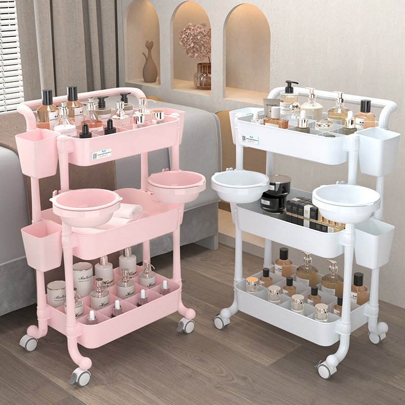 Hot Selling Beauty Salon Trolley Factory White Pink Easy Assembly Plastic Beauty SPA Trolley With Two Three Layers