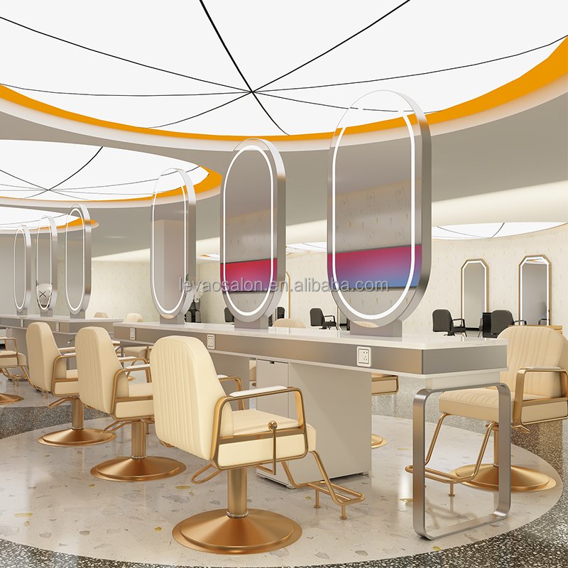 New Design Salon Furniture Modern Barber Chair Tan Salon Chair Gold Arch Mirror Station for Hair Spa