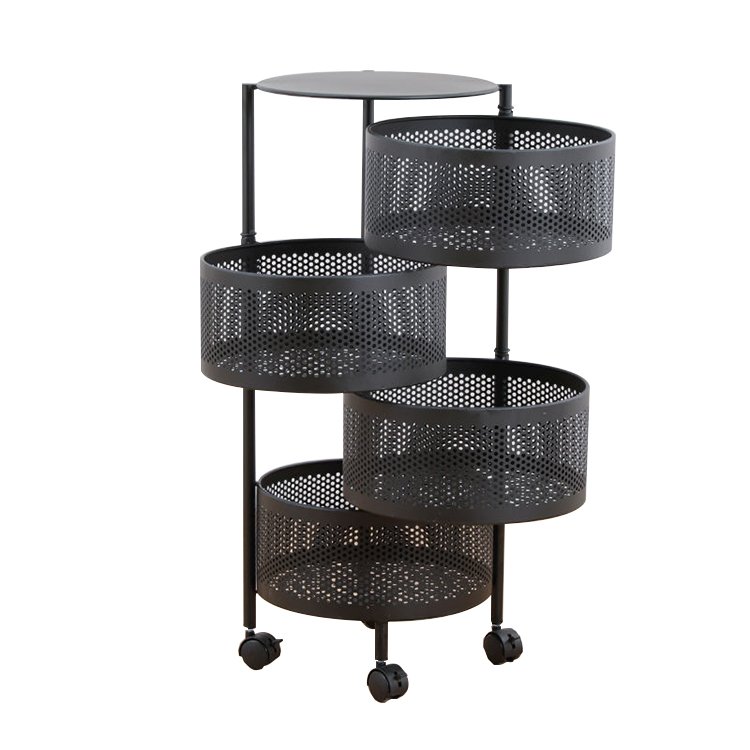 Factory Hot Selling Home Kitchen Bathroom Storage Basket Mesh Mobile 4 Tier Round Basket Storage Kitchen Trolley Metal Carts