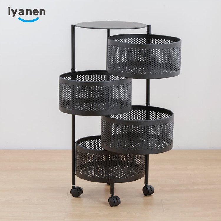 Factory Hot Selling Home Kitchen Bathroom Storage Basket Mesh Mobile 4 Tier Round Basket Storage Kitchen Trolley Metal Carts