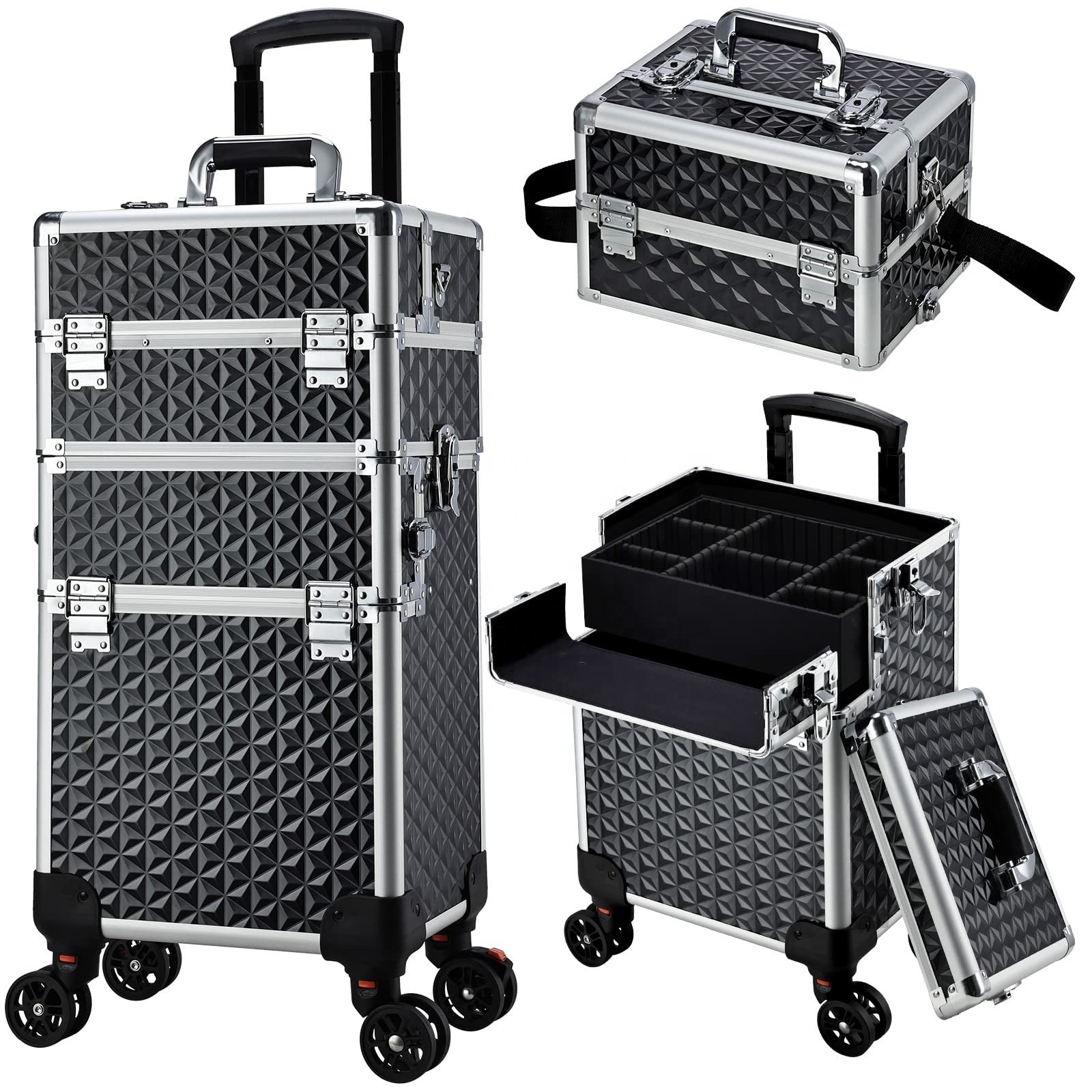 Barber 3 in 1 Train Case Cosmetology School Nail Tech Hairstylist MUA Case Professional Rolling Makeup Case