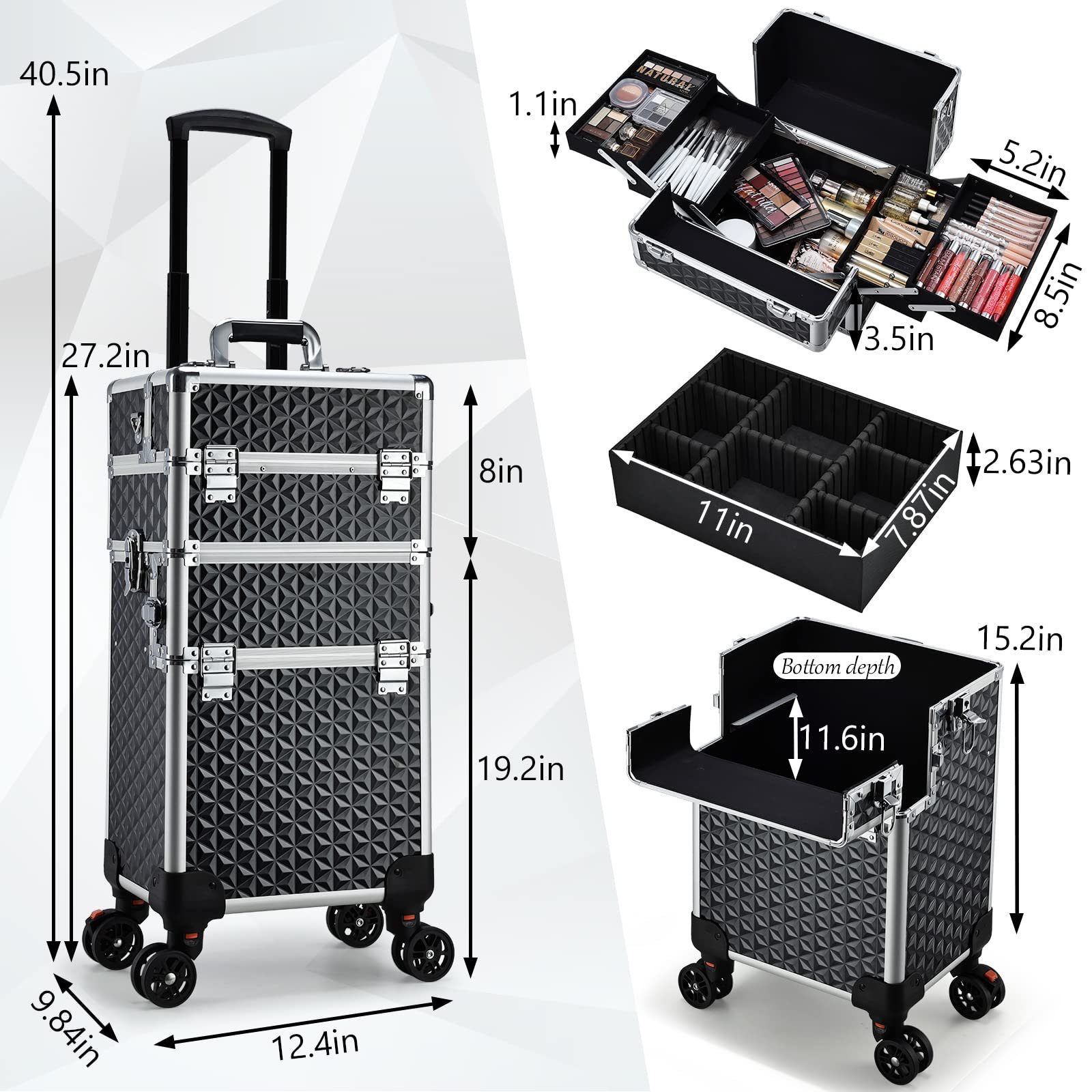 Barber 3 in 1 Train Case Cosmetology School Nail Tech Hairstylist MUA Case Professional Rolling Makeup Case