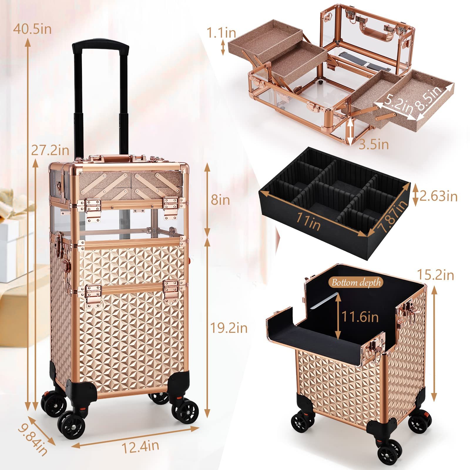 Barber 3 in 1 Train Case Cosmetology School Nail Tech Hairstylist MUA Case Professional Rolling Makeup Case
