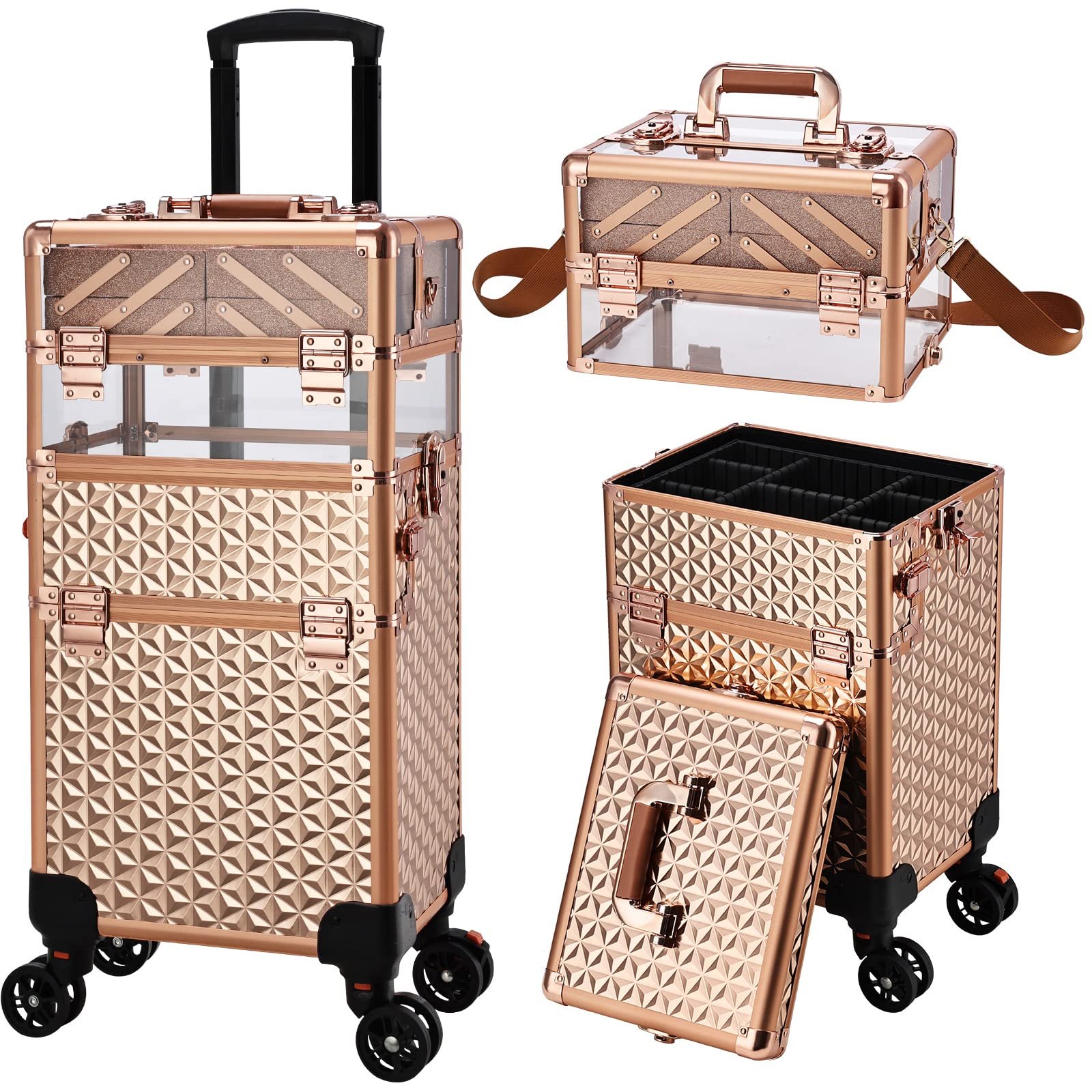 Barber 3 in 1 Train Case Cosmetology School Nail Tech Hairstylist MUA Case Professional Rolling Makeup Case